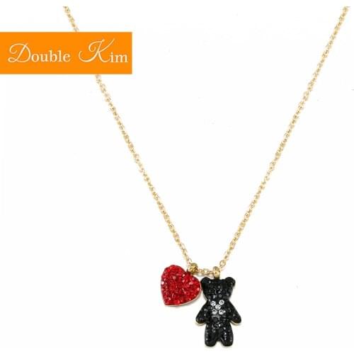 Small Bear Love Heart Pendant Necklace Titanium Stainless steel Chain Necklace Inlaid Zircon Fashion Trendy Women Jewelry