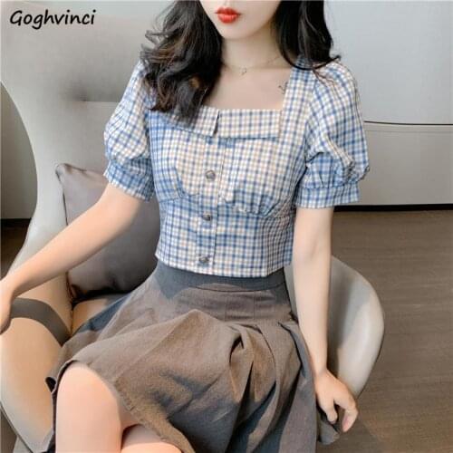Plaid Shirts Women Clothing Vintage Crop Top Design Slim Breathable All-match Casual Tunic Tender Summer Harajuku Square Collar