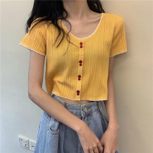 Summer 2021 Solid Thin Womans Knitted T-Shirts Short Sleeve O-Neck Ladies Crop Tops with Buttons Sweet Style Slim Female Shirt