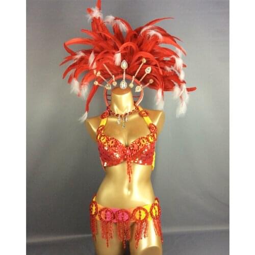 Free shipping hot selling Sexy Samba Rio Carnival Costume new belly dance costume with Red Feather Head piece