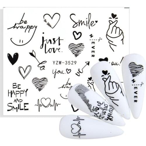 1pcs Letter Design Black Heart-shaped Nail Sticker Heart Gesture Water Transfer Beautiful Nail Art Accessories Decals Decoration