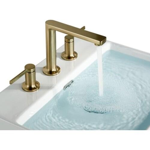 100% Solid Brass Gold Double Handles Bathroom Faucet Deck Mounted Basin Tap Bathtub Water Mixer