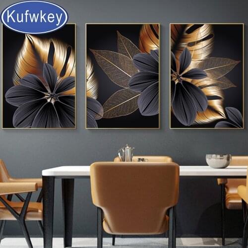 Black Golden Plant Leaf Diamond Painting Triptych Modern Home Decor Abstract Wall Art Painting Nordic Living Room Decoration