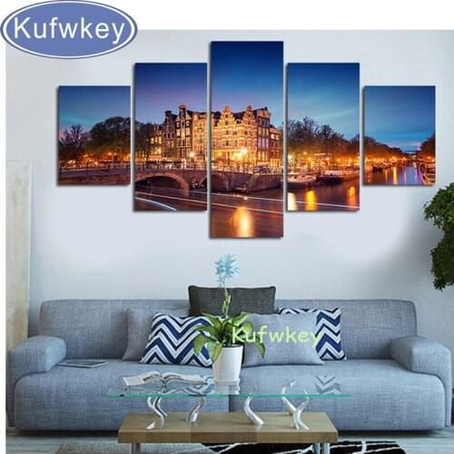 Amsterdam city nightscape Diamond painting full square 5d diy diamond embroidery custom diamond mosaic cross stitch 5 pcs