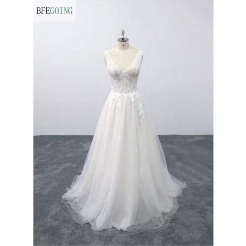 White Lace Tulle Sleeveless V-Neck Floor-length A-line Wedding dress Chapel Train Bridal gown Custom made