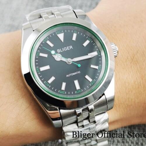BLIGER Polished Automatic Male Wristwatch MIYOTA 8215 Movement Green Second Hand Folding Clasp Screw Crown