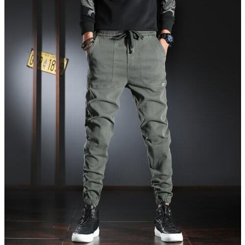Newly Designer Fashion Men Jeans Slack Bottom Casual Cargo Pants Homme Streetwear Spliced Elastic Waist Hip Hop Joggers Trousers