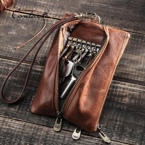 CONTACTS Genuine Leather Key Ring Case Small Coin Purse Zipper Pocket Multifunction Car Key Chain Keys Organizer Housekeeper