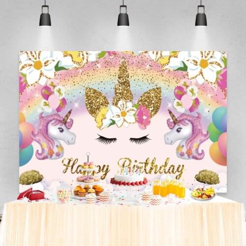 Unicorn Birthday Backgrounds For Photography Balloons Rainbow Flowers Family Celebration Child Portrait Photo Backdrop Photocall
