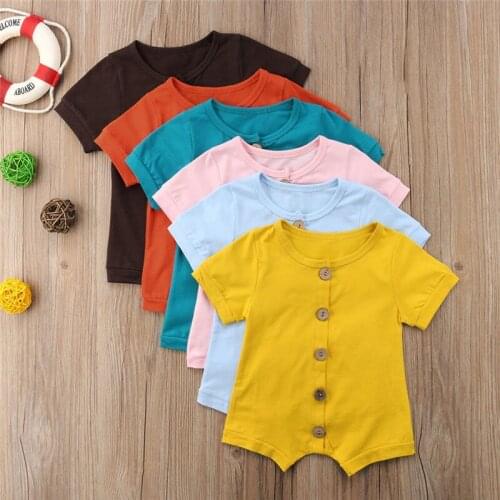 Newborn Baby Boy Girl Clothes Solid Button Short Sleeve Soft Cotton Romper Jumpsuit Outfit Sunsuit Clothes