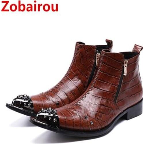 Zobairou Korean Fashion Style Pointed Toe Rivets Ankle Boots Leather High Heels Stud Military Cowboy Boots Height Increasing