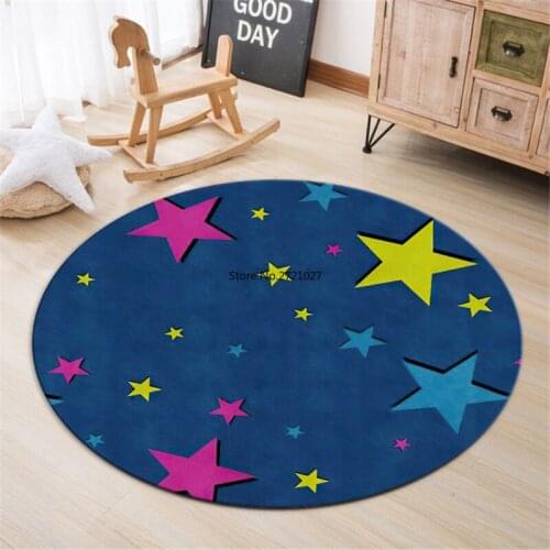 Nordic Navy Blue Round Carpet for Children with Colorful Stars Cute Cartoon Children Room Carpet Play Mat Bedside Mat