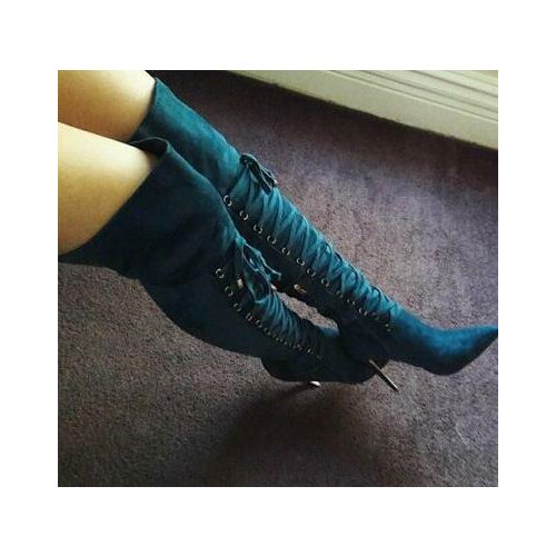 Linamong New Woman Fashion Blue Black Suede Cross Lace Up Thigh High Boots Pointed Toe Thin High Slim Long Boots Lady