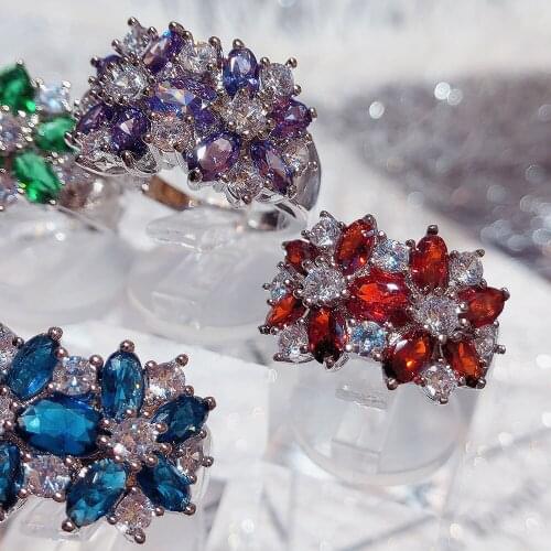 Cute Female Pink Crystal Stone Ring Charm Silver Color Thin Wedding Rings For Women Dainty Bride Flower Zircon Engagement Ring