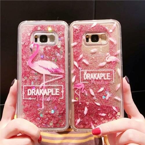 Girly Flamingo Bling Liquid Clear Soft Case Cover on for Samsung S8 A6 A8 J4 Plus 2018 A750 A9 S9 J3 J5 J7 2017 S10E S10 Plus J6