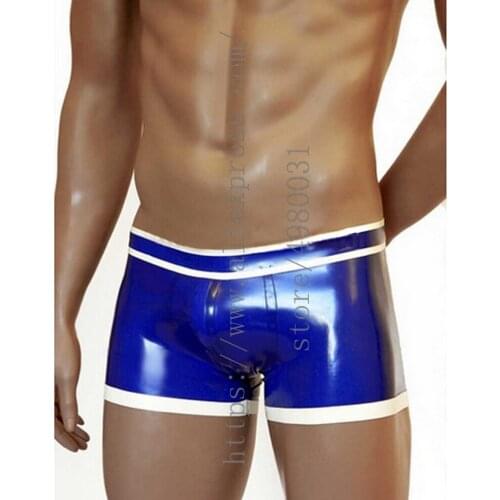 Made of 0.4mm thickness natural latex underwear mens swimwear blue latex shorts homme with white trim design