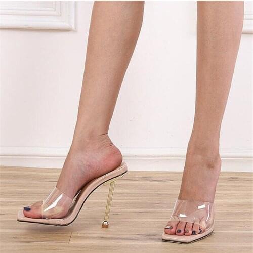 New Fashion PVC Transparent Womens Slippers Summer Shoes Sexy High Heels Gold Slippers Women Outdoor Party Mules Slides