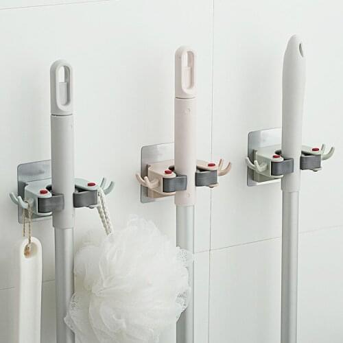 Plastic Broom Mop Holder Rack Self-adhesive Kitchen Bathroom Organizer Space Saving Wall Mounted Hooks