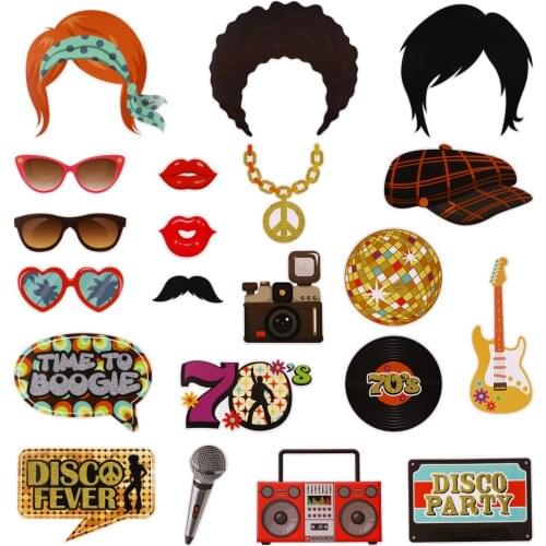 21pcs 1970s Photo Booth Props 70s Disco Throwback Party Theme Photo Booth Props with Wooden Sticks Party Supplies for B