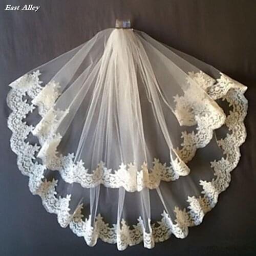 Layer 2 White / Ivory Lace Applique Edge Elbow Wedding Veils with Comb Velos De Novia