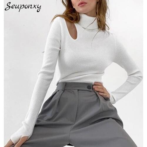 High Quality Autumn 2021 Fashion WomenS Slim Knit Short Sweater Sexy High Neck Long Sleeve Hollow Solid Color Casual Pullover