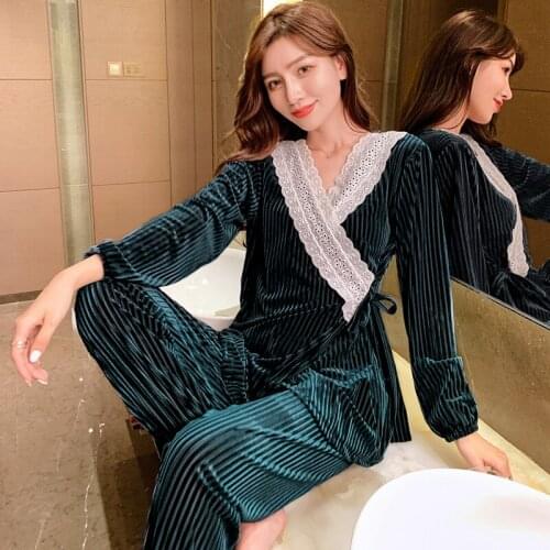 Warm Long Sleeve Gold Velvet Kimono Pajama Sets for Women 2021 Winter Thick Sleepwear Pyjamas Homewear Pijama Mujer Home Clothes