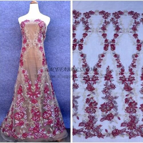 New Wine/purple mixed colour embroidered on tulle mesh lace fabric wedding/evening dress lace fabric 51'' width 1 yard wholesale