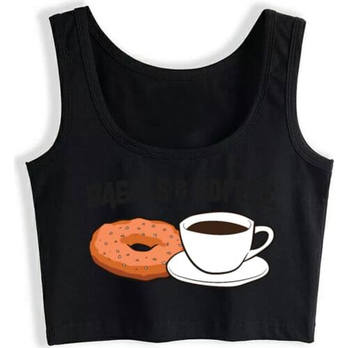 Crop Top Female Funny Bagels And Coffee Breakfast Bagels Sexy White Print Tops Women