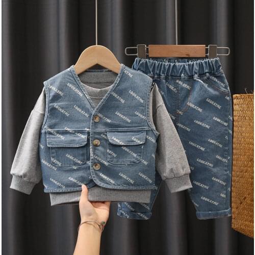 Spring Fashion Kids Cotton Clothes Baby Boys Girls Denim Vest T-Shirts Jeans Pants 3Pcs/Set Pocket Children Toddler Tracksuits