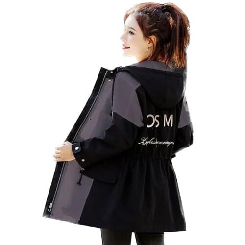 Windbreaker Women Mid-Length 2021Spring Jacket New Drawstring Waist Slimming Embroidery Color Matching All-Match Female Coat A42