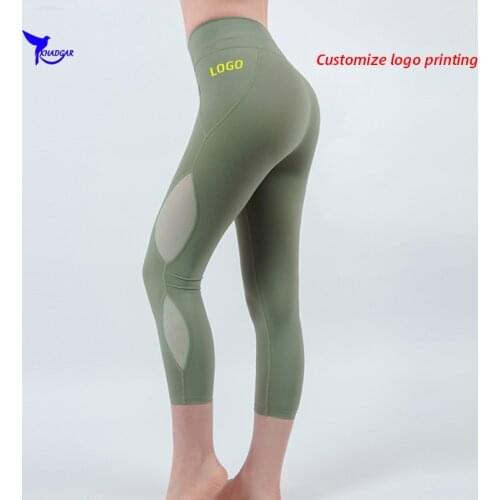 Custom LOGO Mesh Patchwork Sport Fitness Yoga Capri Pants Women High Waist Quick Dry Running Tights Stretch Gym Cropped Leggings
