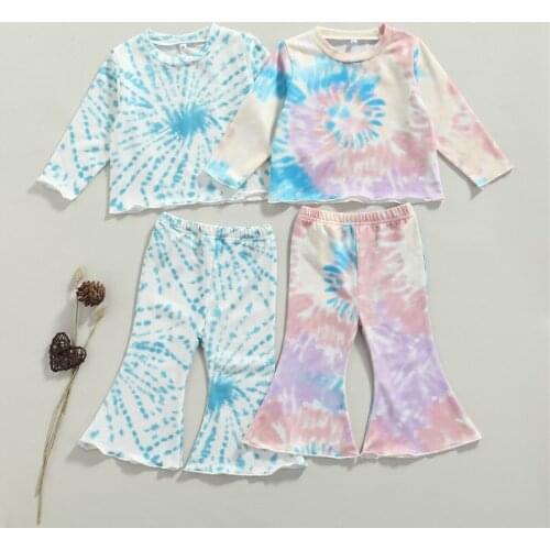 1-5 Years Kids Girls Tie-Dye Clothes Set Girls Long Sleeve O-Neck T-Shirt + Elastic Waist Flared Trousers Suits For Girls