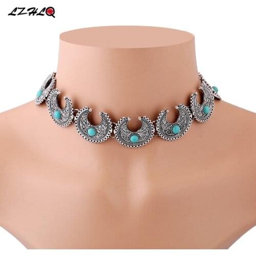 LZHLQ Bohemia Moon Shape Blue Stone Choker Statement Necklace Women 3 Colors Zinc Alloy Clavicle Collar Trendy Collares Collier