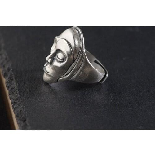 100%S990 Thai silver matte craft ring male mask shape silver ring free shipping