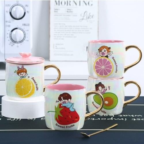 350ml Cute Strawberry Ceramic Coffee Mug with Lid and Spoon Novelty Funny Fruits Cup for Tea Milk Cappuccino Water