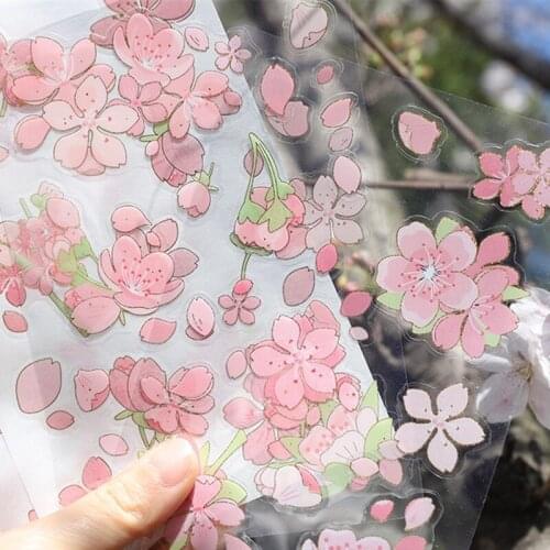 4sheet 20*10CM Sakura sticker hand account 2Japanese paper+2PET Kawaii Scrapbooking Decorative Stickers pink Flower