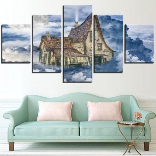 5 Pieces Cartoon Sky Island and Wood House Canvas Painting Pictures Clouds Posters For Kids Room Improvenment Decor Modern