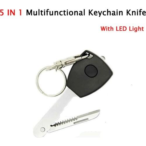 5 In 1 EDC Key Shape Led Keychain Lights with Kinfe Camping Equipment Outdoor Survival Kit Self Defense Women Toy Sports