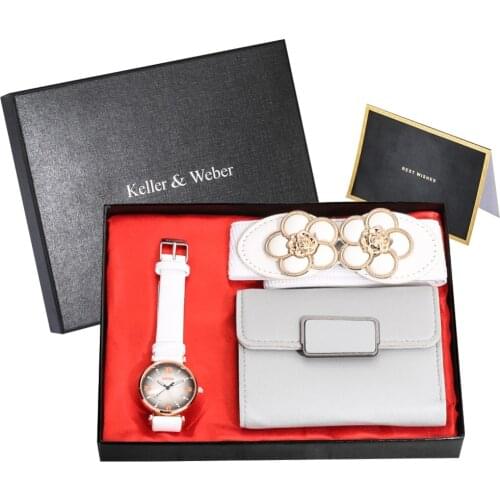 White Strap Women Quartz Watch Gift Set with Box Flower Belt Wallet Wristwatches Card Best Gifts for Female Lover Girlfriend