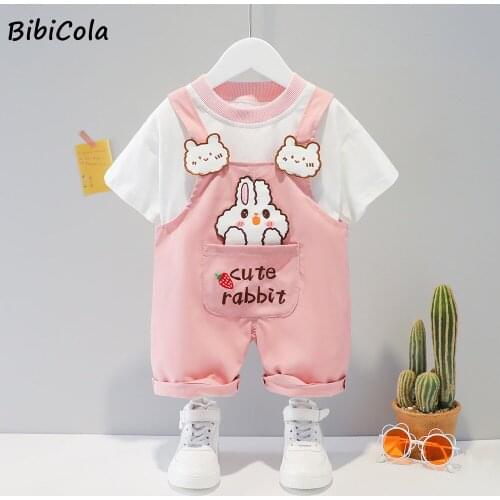 BibiCola Baby Girls Clothes Suit Brand NEW Summer Toddler Boys Clothes Cartoon Short Sleeve + Overalls 2Pcs Set Children Suit