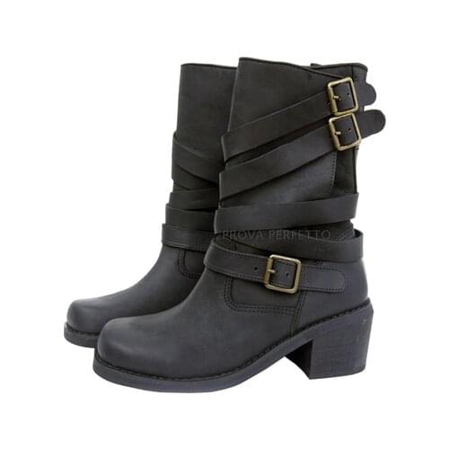 Boots Female Low Heel Pointed Toe Western Boots Blue Brown Combat Cowboy Retro Genuine Leather Punk Shoes Woman Botas Fenimina