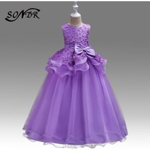 Appliques Kids Party Dress For Wedding HT232 Bow Princess Ball Gowns Ruffles Flower Girl Dresses Purple Child Pageant Gown