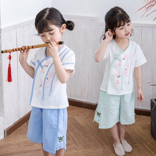 Girls Baby Chinese Tang Suit Dance Costume Summer Cotton And Linen Set For Kids Retro New Hanfu Dress Folk Chinese CostumeSL1177