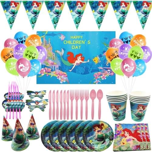 Diseny Mermaid Ariel Princess Birthday Party Decorations Disposable Tableware Set Napkin Cup Party Supplies Balloons Decoration