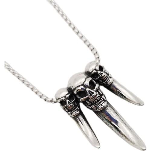 Indian Tribes wolf teeth Skull heads pendant necklace Vintage silver color stainless steel mens cool punk necklace BLKN0791