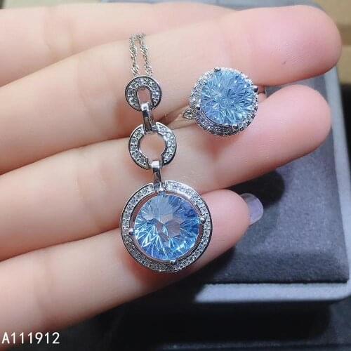 KJJEAXCMY fine jewelry natural blue topaz 925 sterling silver women pendant necklace chain ring set support test trendy