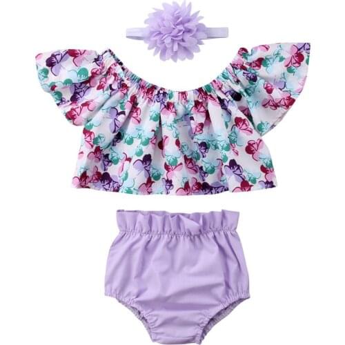 Pudcoco Girl Set 0-24M US Newborn Baby Girl Clothes Off Shoulder Floral Tops Shorts Headband Outfit Set
