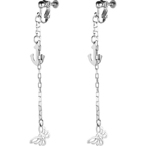 Kpop Silver Color Link Chain Tassel Earcuff Clip on Earrings Korean Ear Cuff Fake Piercing Faux Earrings for Women Man Jewelry