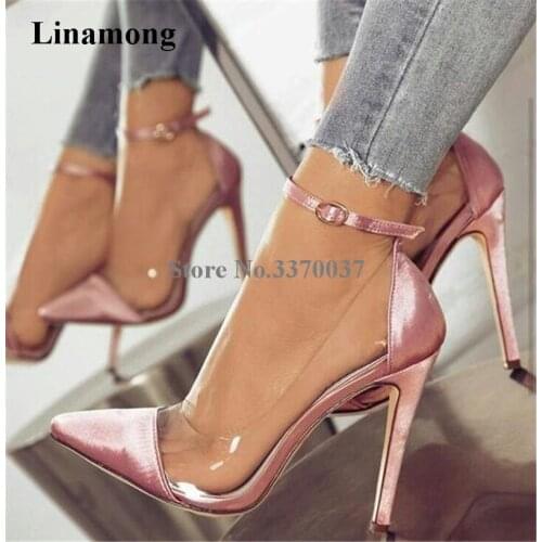Women Beautiful Pointed Toe Pink Satin PVC Ankle Strap Pumps Transparent Thin Heel High Heels Wedding Shoes Formal Dress Shoes
