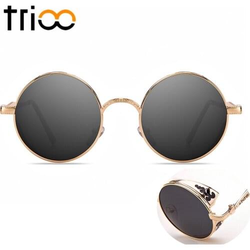 TRIOO Round Sunglasses Men Carving Leaf Oculos Gold Frame High Quality Metal Steampunk Style Sun Glasses For Men With Case